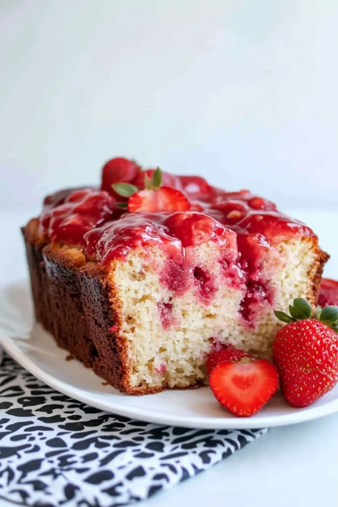 Golden loaf topped with fresh strawberries and glossy glaze.