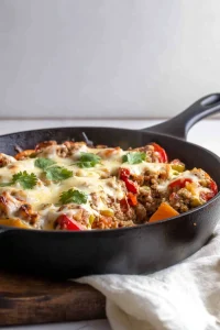 Rustic serving of stuffed peppers topped with golden melted cheese and fresh herbs.