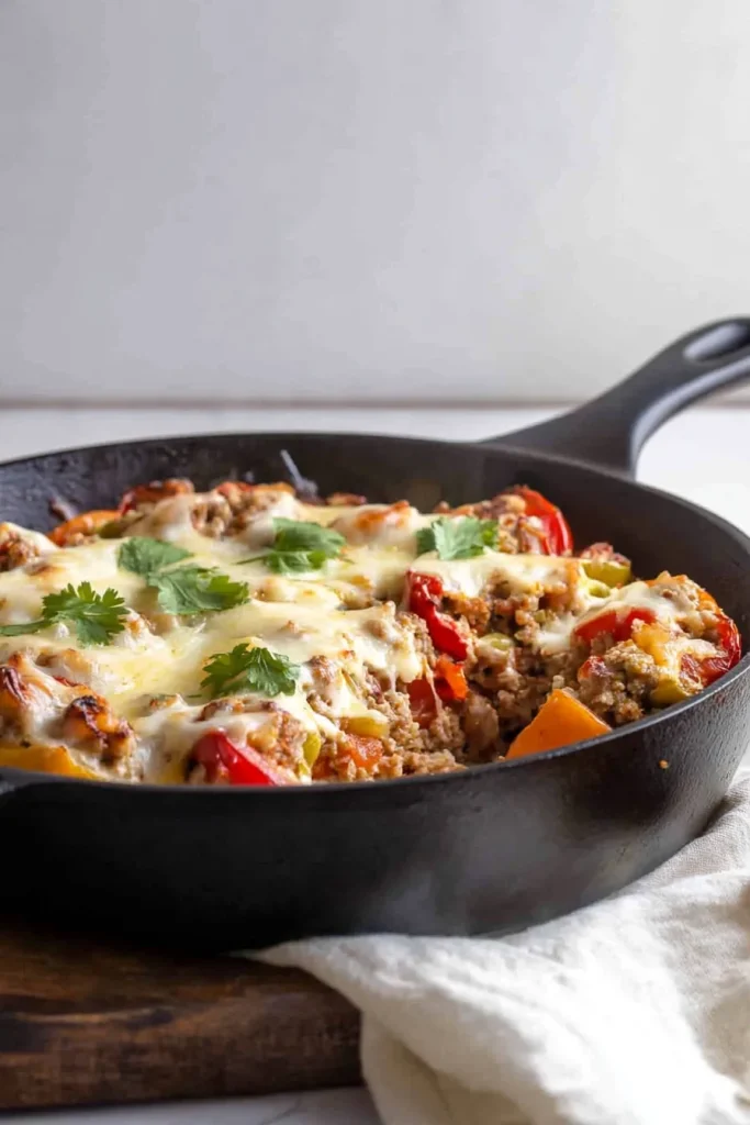 Rustic serving of stuffed peppers topped with golden melted cheese and fresh herbs.