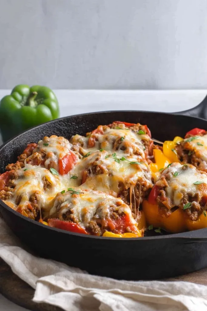 Close-up of a hearty pepper-based casserole showing vibrant chunks of tomato and zucchini.