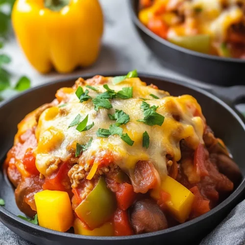 Colorful skillet dish with melted cheese, beans, and bell peppers, garnished with fresh parsley.