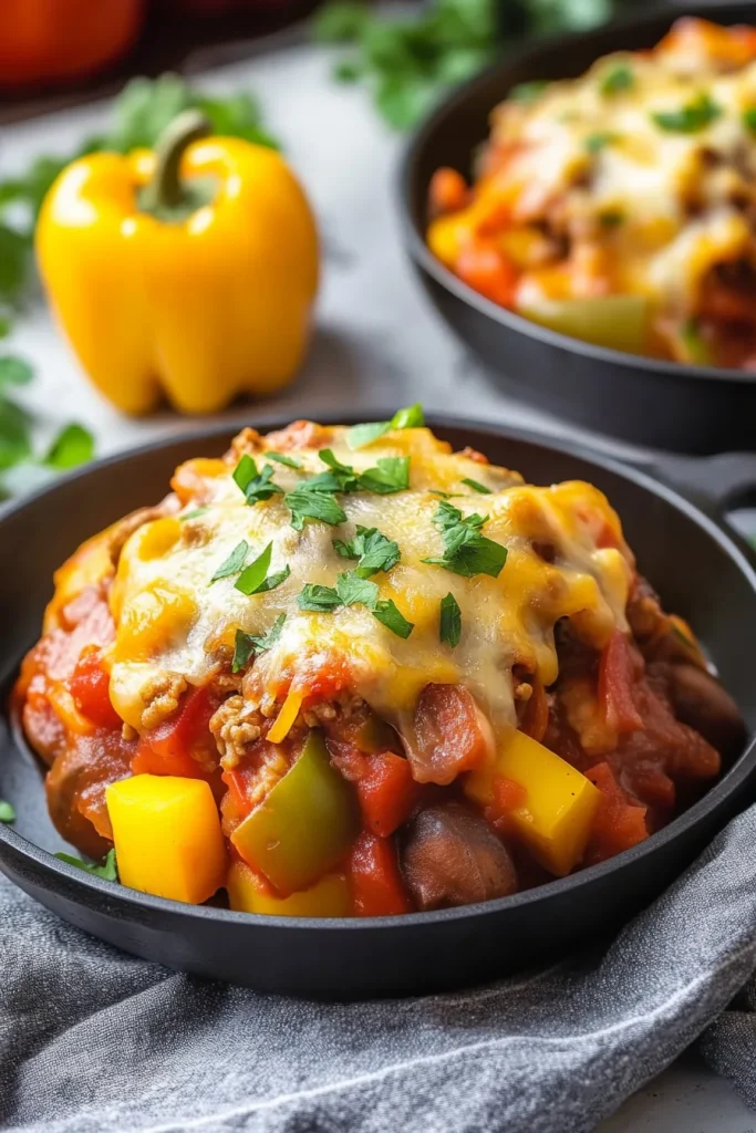 Colorful skillet dish with melted cheese, beans, and bell peppers, garnished with fresh parsley.