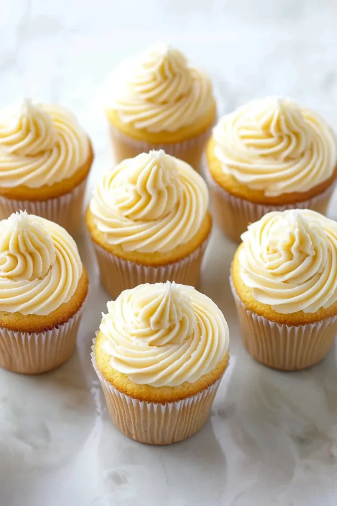 Golden cupcakes in white liners topped with smooth white frosting, captured in natural light for a fresh look.