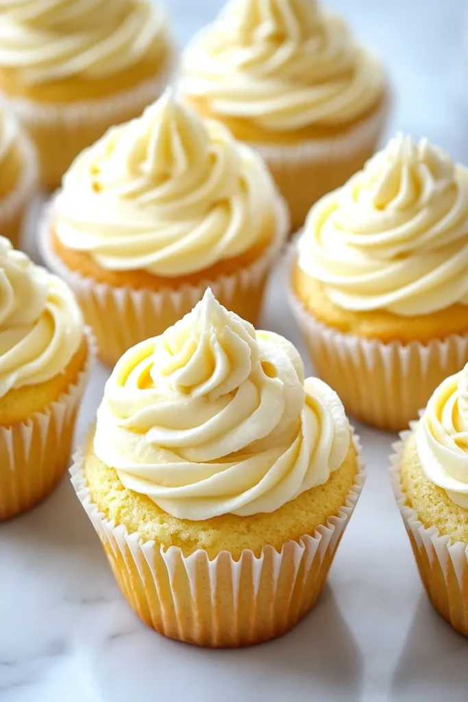 A batch of moist cupcakes with decorative frosting peaks, styled together on a light background.