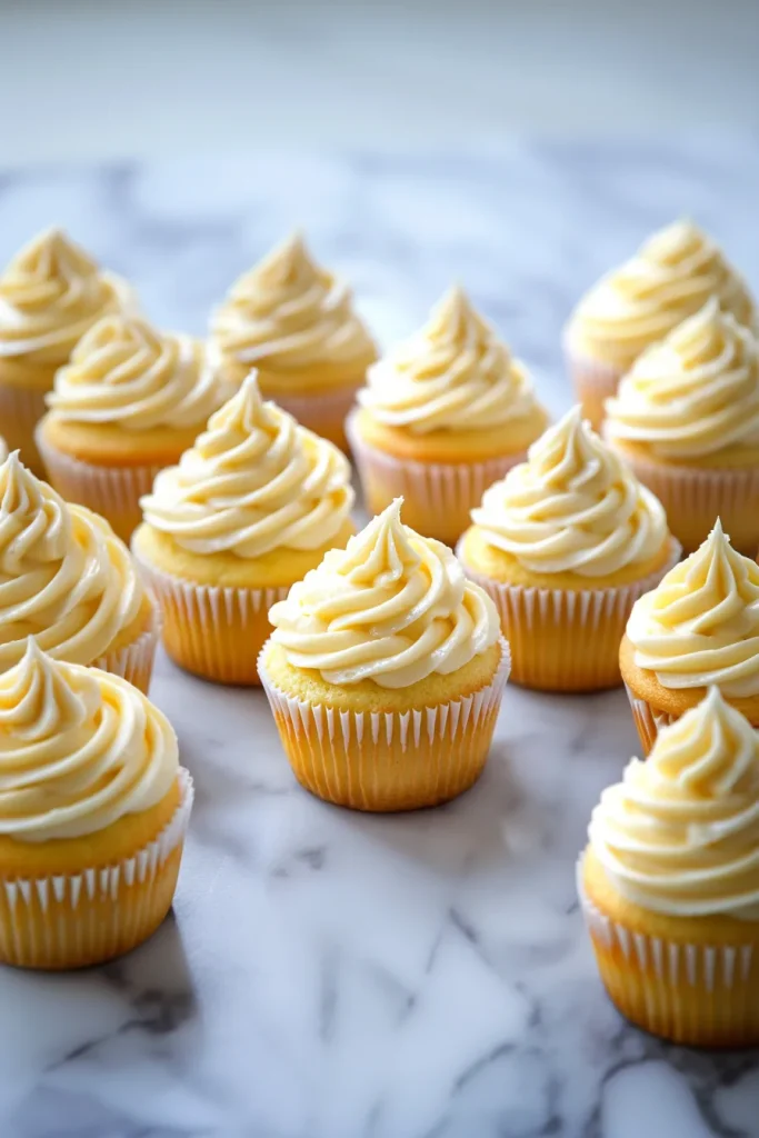Cupcakes with fluffy white icing swirls, presented in a clean and minimal food photography setup.