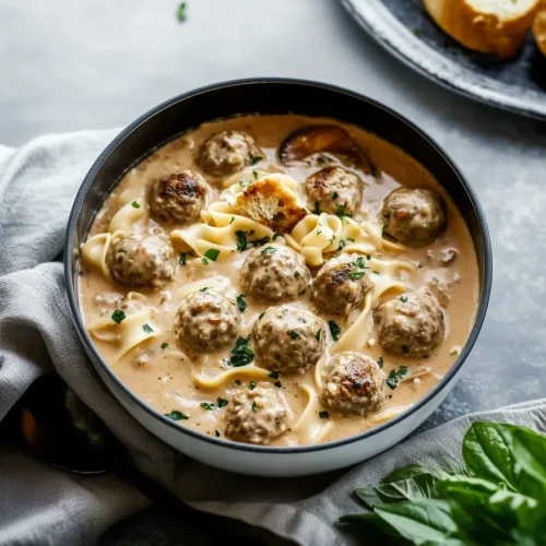 Overhead view highlighting creamy texture, noodles, and evenly spaced meatballs.