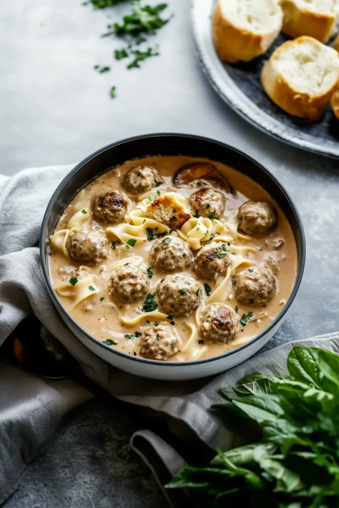 Overhead view highlighting creamy texture, noodles, and evenly spaced meatballs.