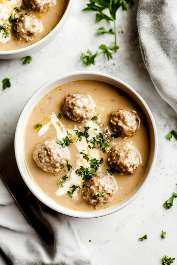Warm bowl of noodle soup with meatballs, served in a rustic dish.