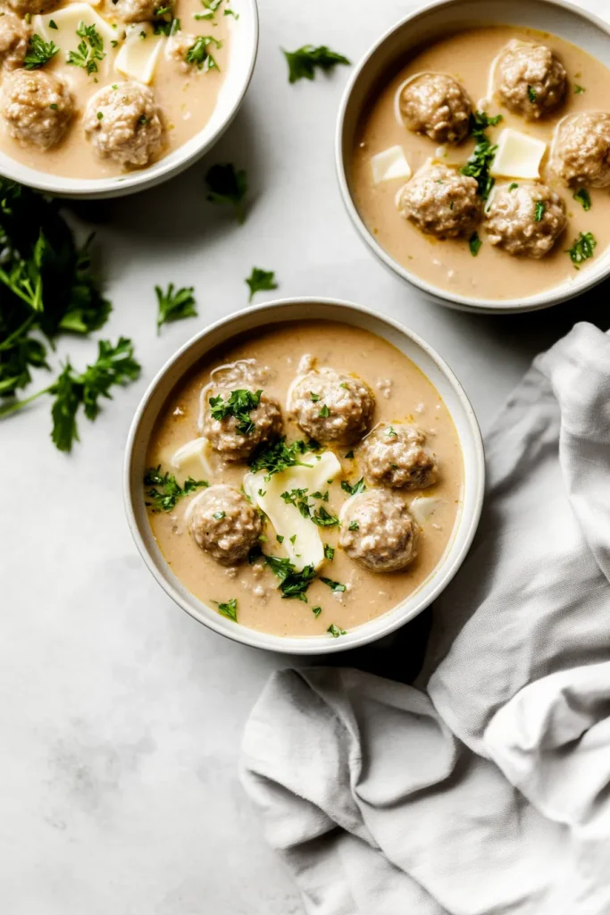 Creamy broth with tender meatballs and wide egg noodles, sprinkled with parsley.