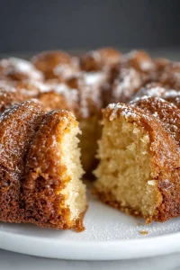 Bundt-style cake with golden crust and a dusting of powdered sugar.