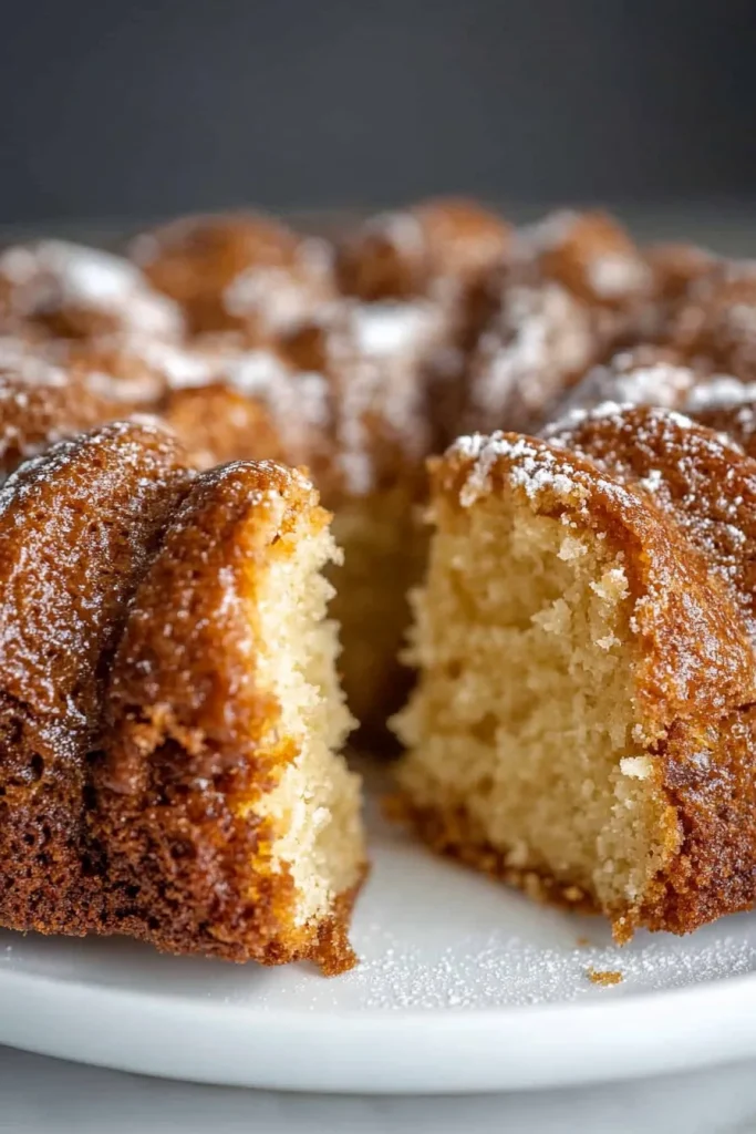 Bundt-style cake with golden crust and a dusting of powdered sugar.
