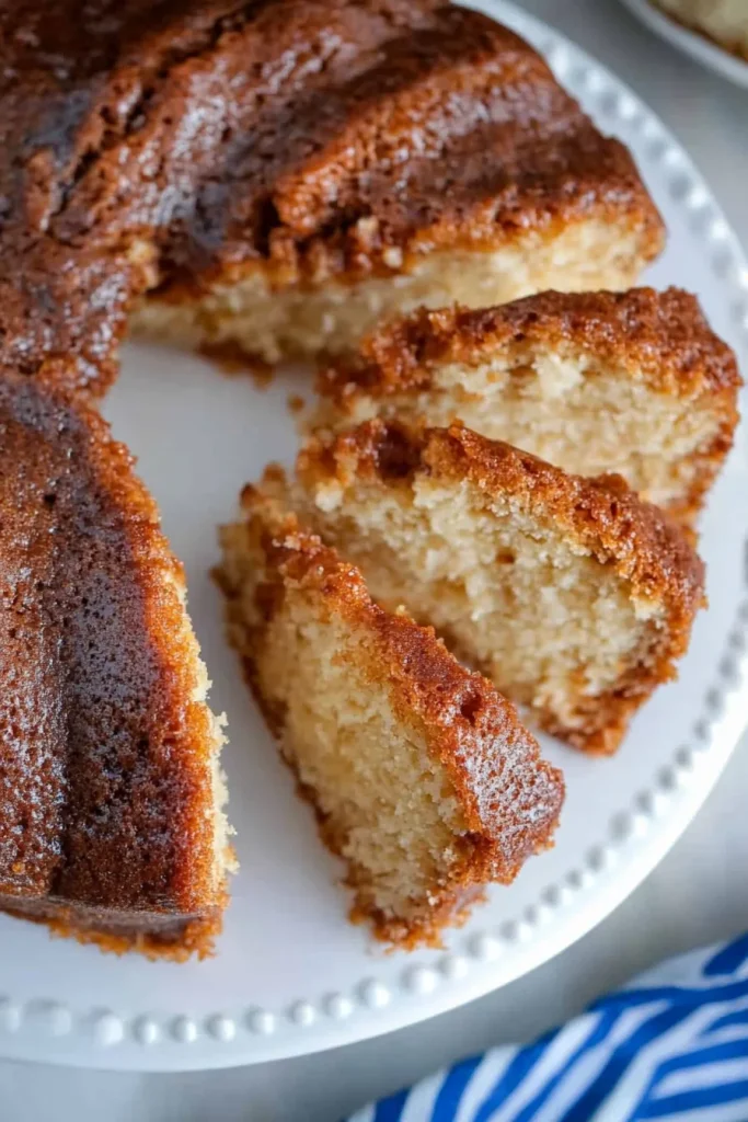 Overhead view of the cake on a white plate, highlighting its rich texture.