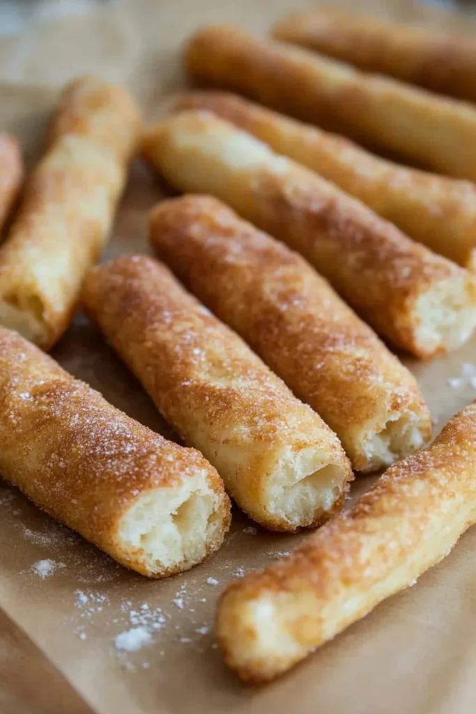 Pastry sticks with a sweet filling, their golden-brown exterior dusted lightly with sugar.