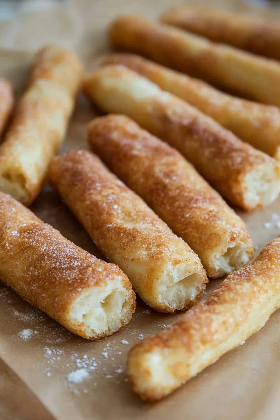 Pastry sticks with a sweet filling, their golden-brown exterior dusted lightly with sugar.