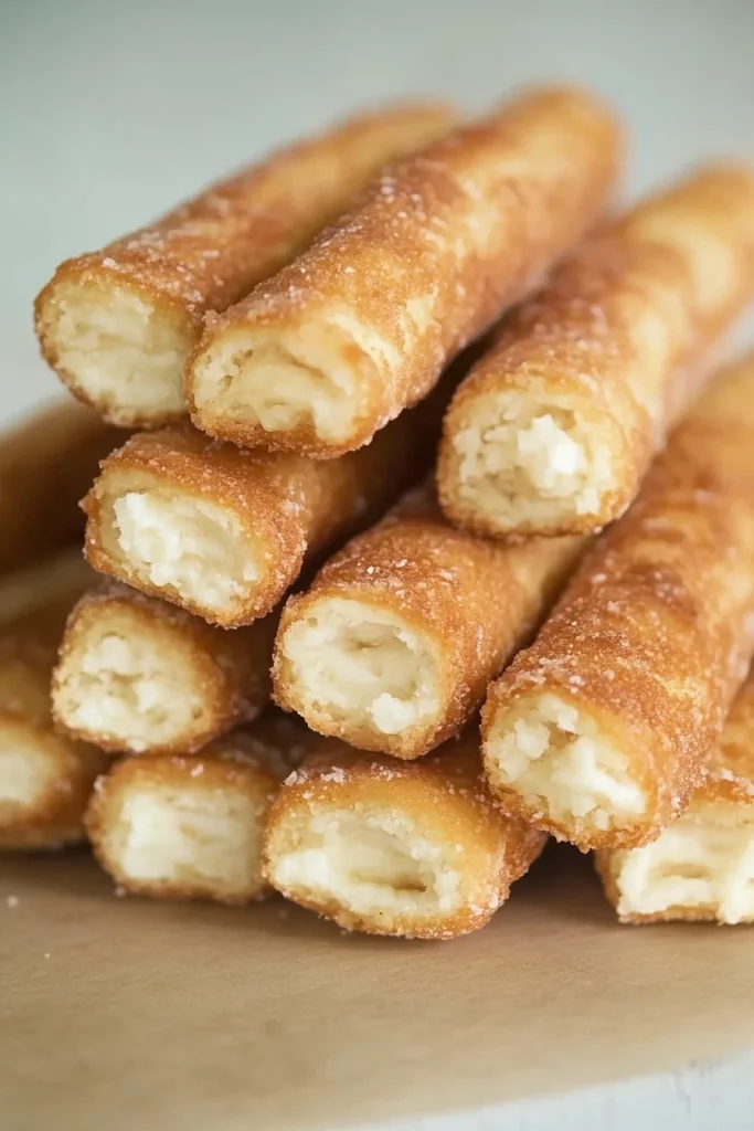 Final serving of fried dessert rolls, neatly stacked and glistening under warm light.