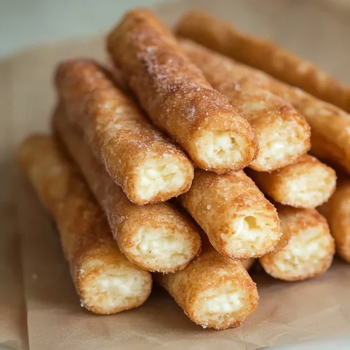 Stack of golden pastries with creamy filling peeking out, arranged on parchment paper.