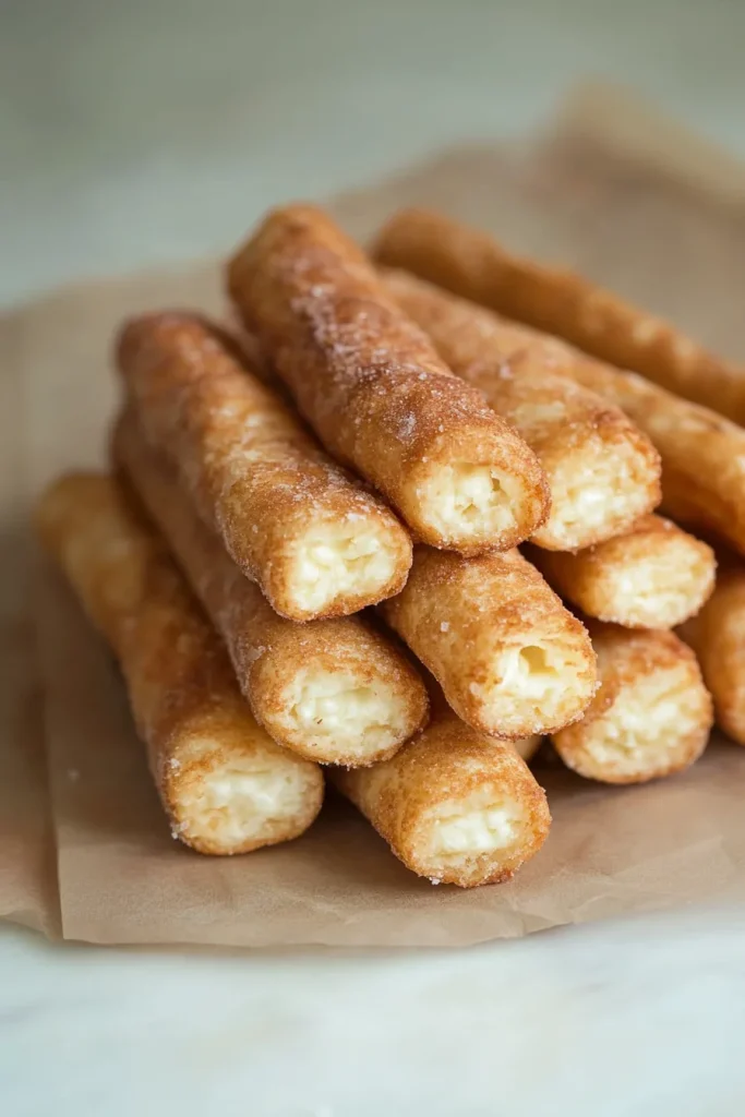 Stack of golden pastries with creamy filling peeking out, arranged on parchment paper.