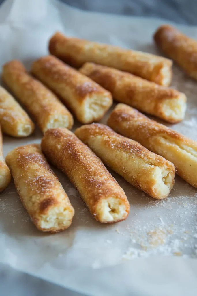 A rustic presentation of dessert sticks, showcasing the contrast between crunchy shell and smooth filling.