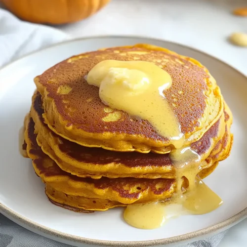 Pumpkin pancakes styled with whole pumpkins and seeds in the background.