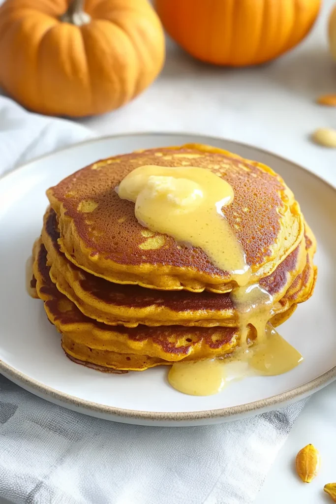 Pumpkin pancakes styled with whole pumpkins and seeds in the background.