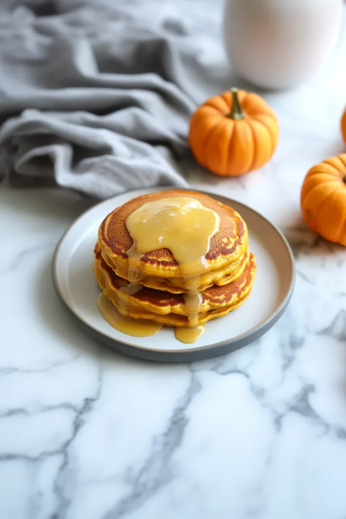 Golden pancakes served on a white plate with warm autumn tones.