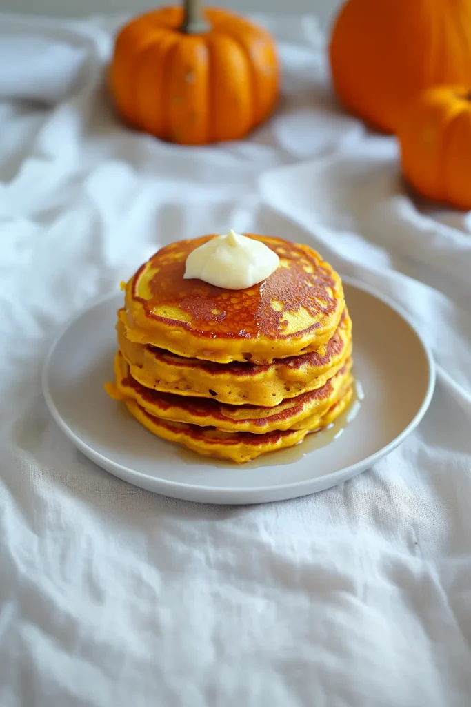Stack of fluffy pancakes with butter melting down the sides.