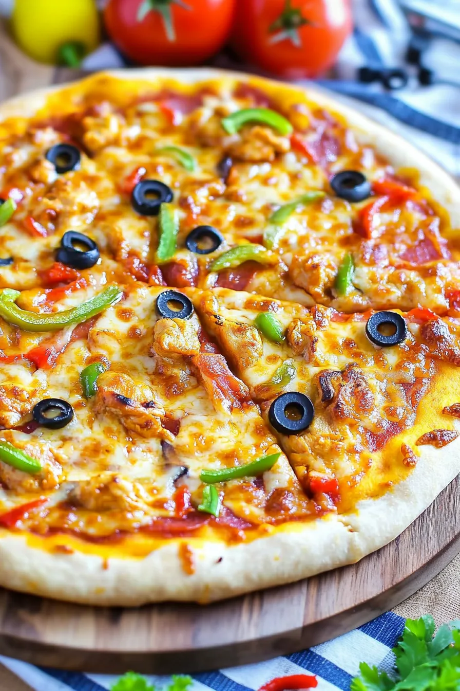 Rustic pizza on a wooden board with vibrant red and green toppings.