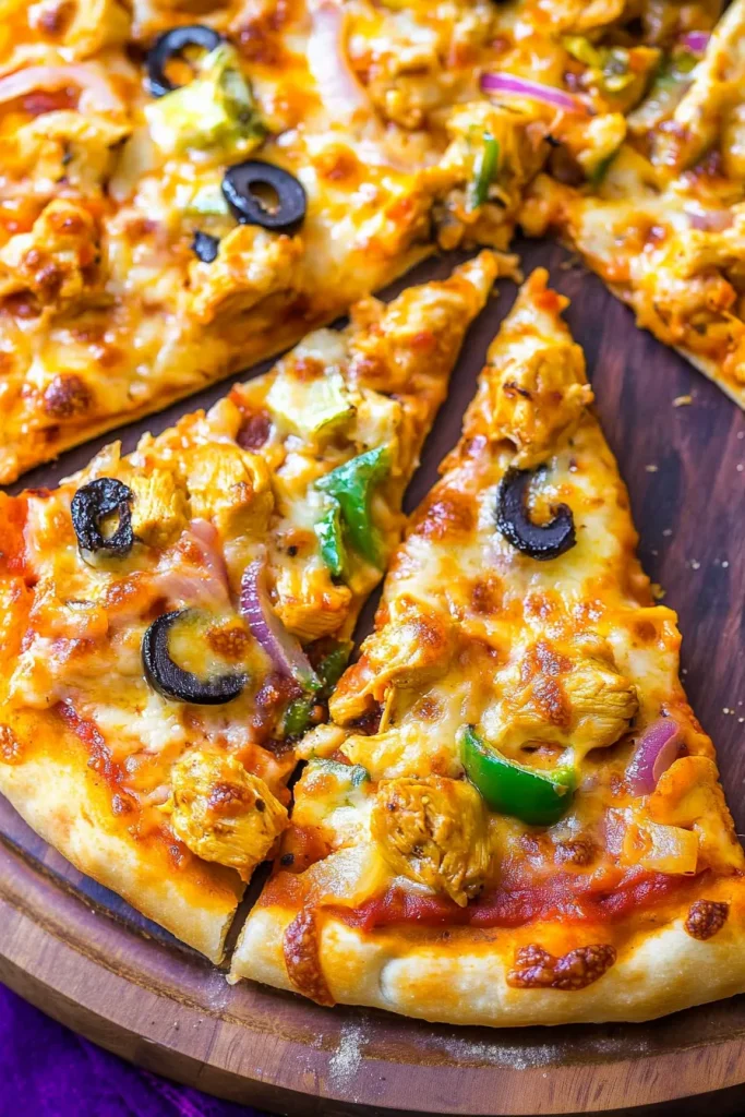 Appetizing pizza presentation with herbs and bright bell peppers.