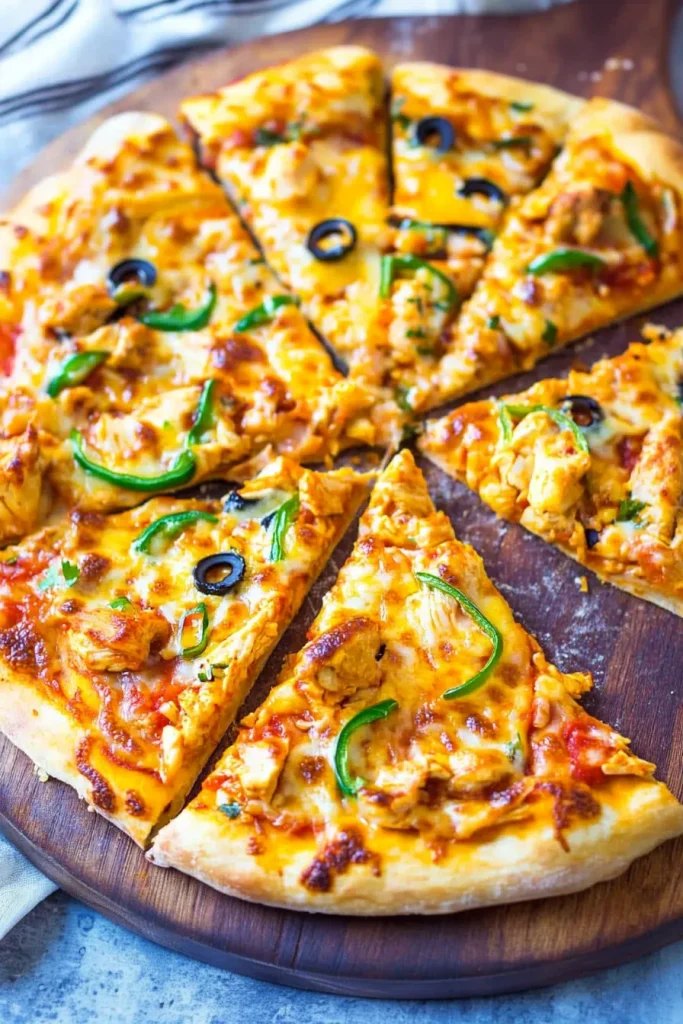 Cheesy pizza topped with chunks of chicken and fresh vegetables.
