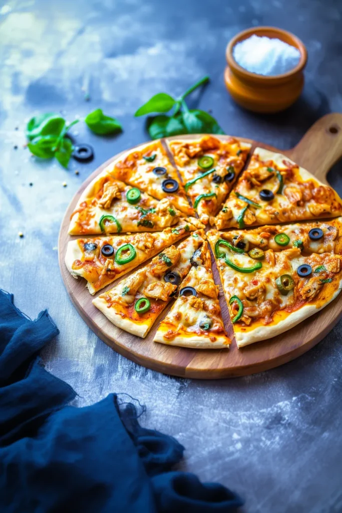 Freshly baked pizza with golden crust, melted cheese, and colorful vegetable toppings.