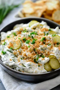 Close-up of thick ranch-style dip garnished with green onions and herbs.