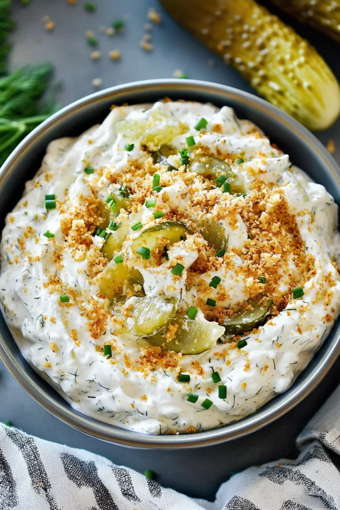Bowl of creamy appetizer with fresh garnish and crunchy topping.