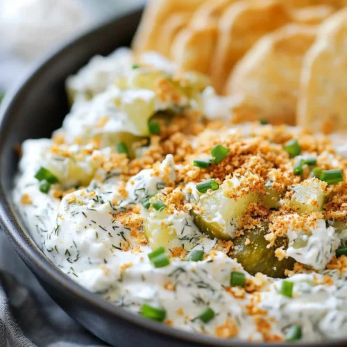 Rich dip with pickles and herbs, served alongside round chips.