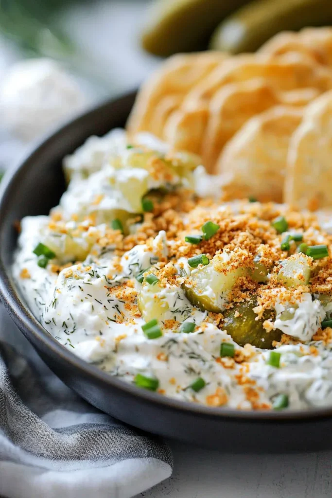 Rich dip with pickles and herbs, served alongside round chips.
