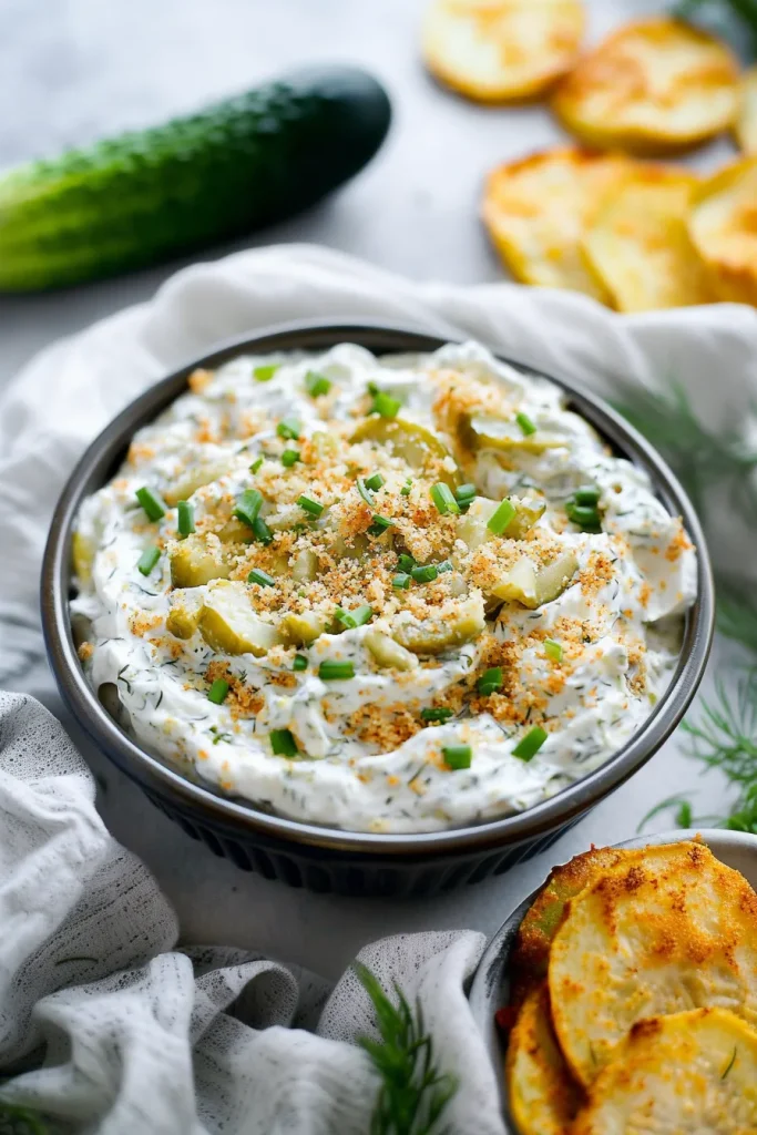 Golden breadcrumb topping over smooth dip, styled with crackers nearby.
