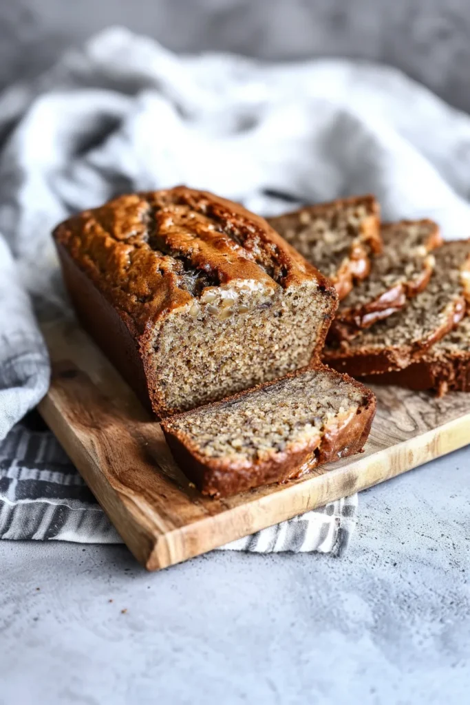 Moist banana loaf with a glossy glaze, sliced to reveal its soft interior.