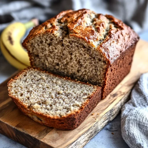 Golden-brown bread on a wooden board, speckled with banana and nuts.