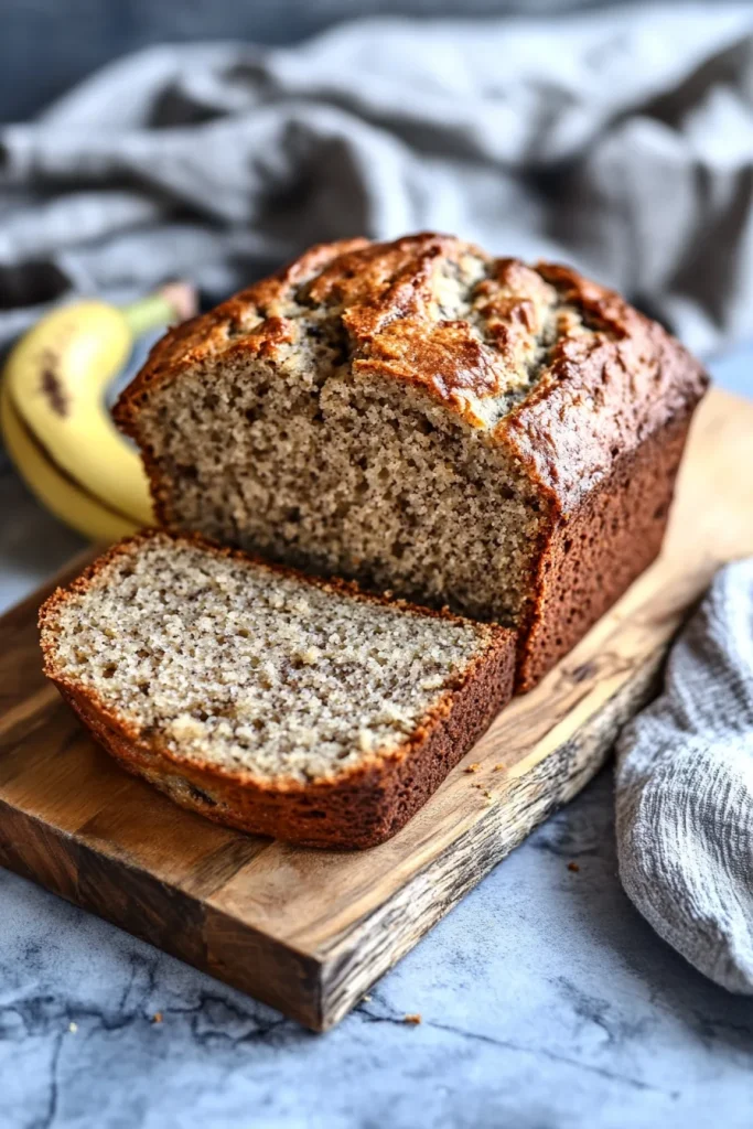 Golden-brown bread on a wooden board, speckled with banana and nuts.