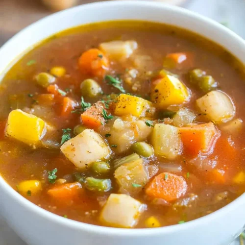 A steaming bowl of colorful vegetable soup served with rustic bread on the side.