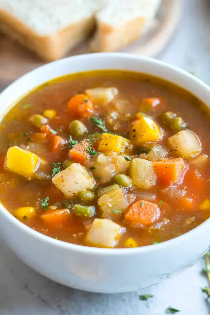 A steaming bowl of colorful vegetable soup served with rustic bread on the side.