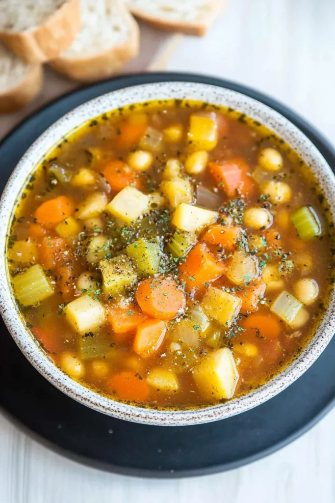 Close-up of hearty tomato-based soup with diced carrots, potatoes, peas, and corn.