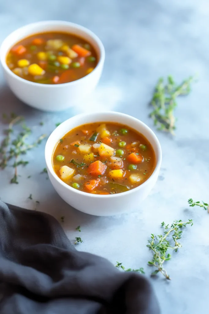 Freshly made vegetable soup garnished with parsley in a white ceramic bowl.