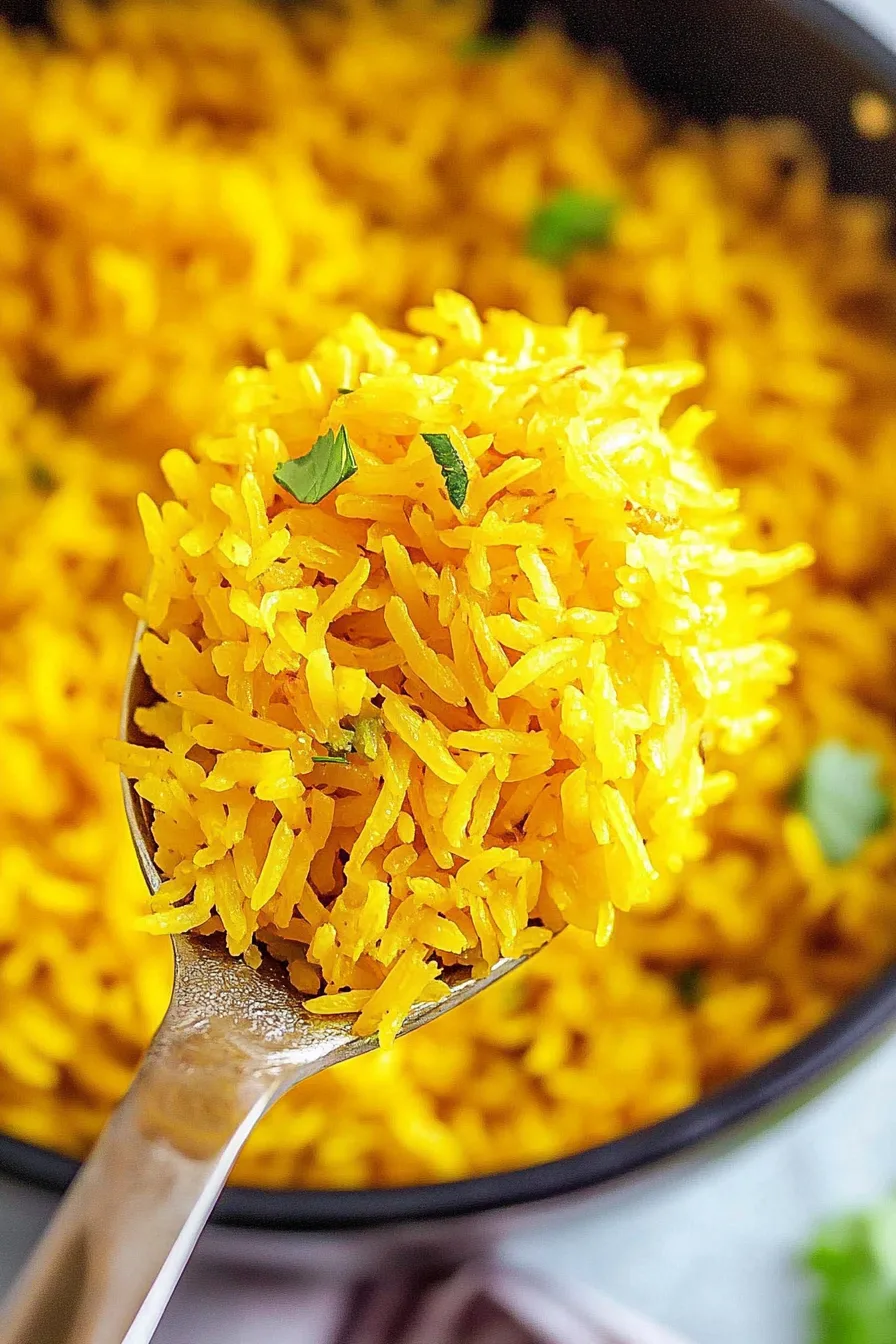 Close-up of vibrant yellow grains served on a light surface.