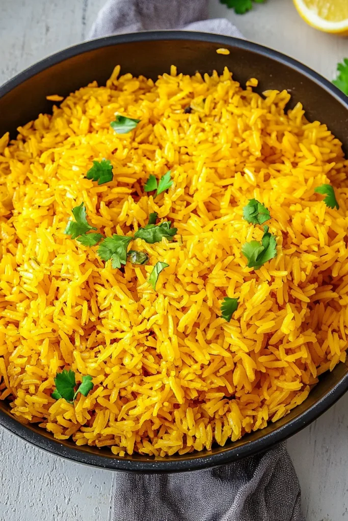 Bright rice dish with herbs and a lemon slice in the background.
