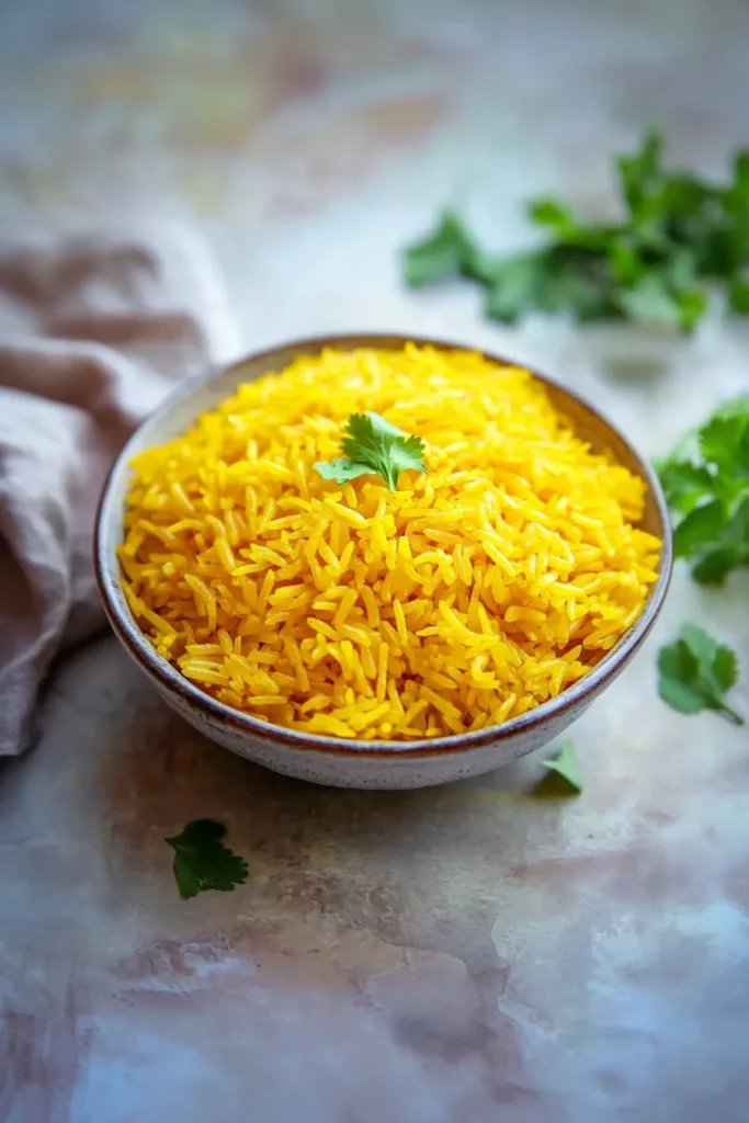 Golden rice garnished with fresh herbs, presented in a simple bowl.