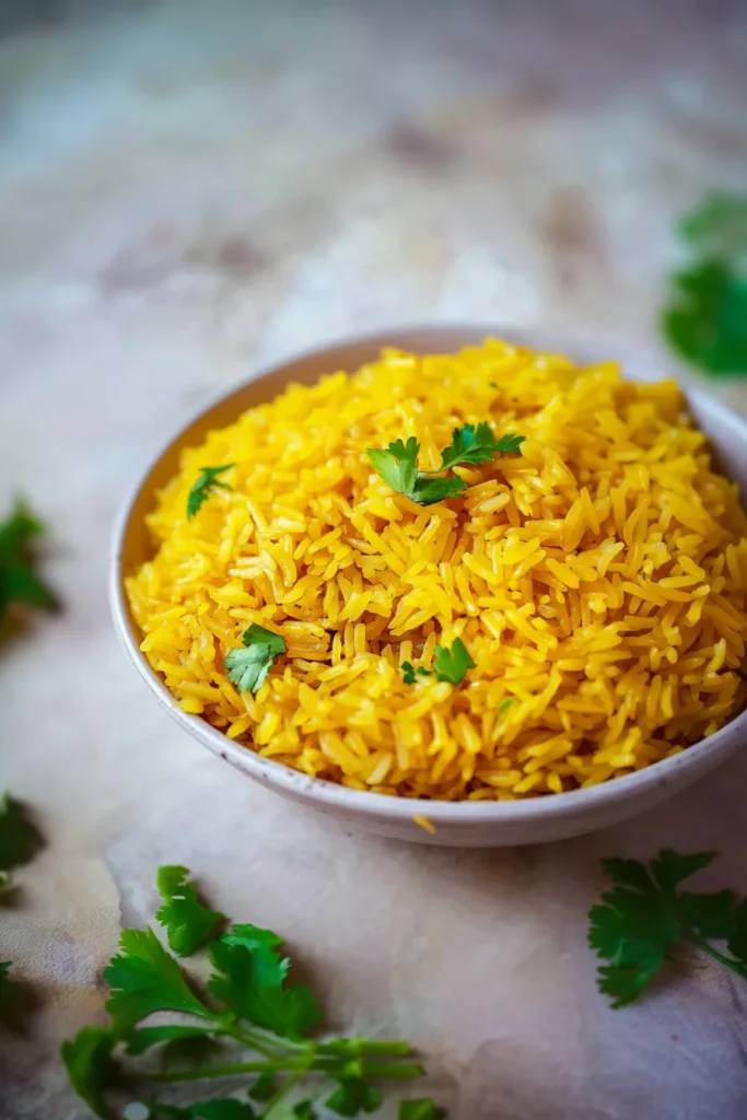 Bowl of fluffy golden rice topped with fresh cilantro leaves.