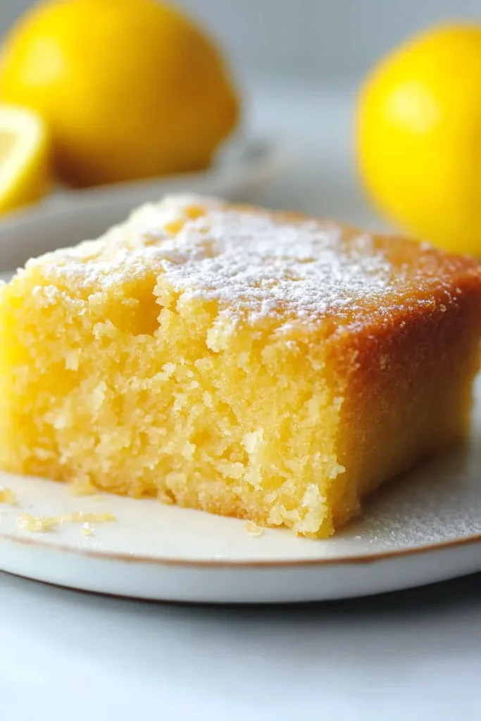 Freshly baked lemon bar dusted with sugar, highlighting its soft texture and bright flavor.