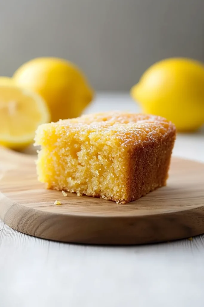 Close-up of golden cake with a light yellow interior and citrus garnish in the background.