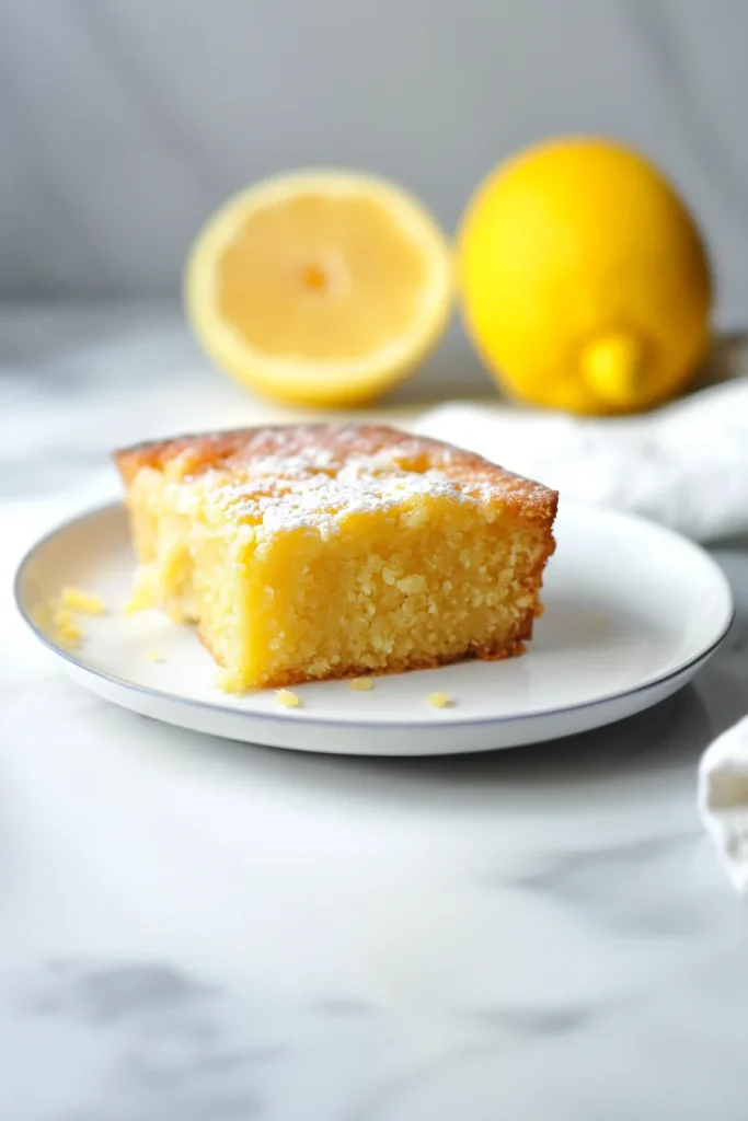 A square slice of moist lemon dessert topped with powdered sugar on a white plate.