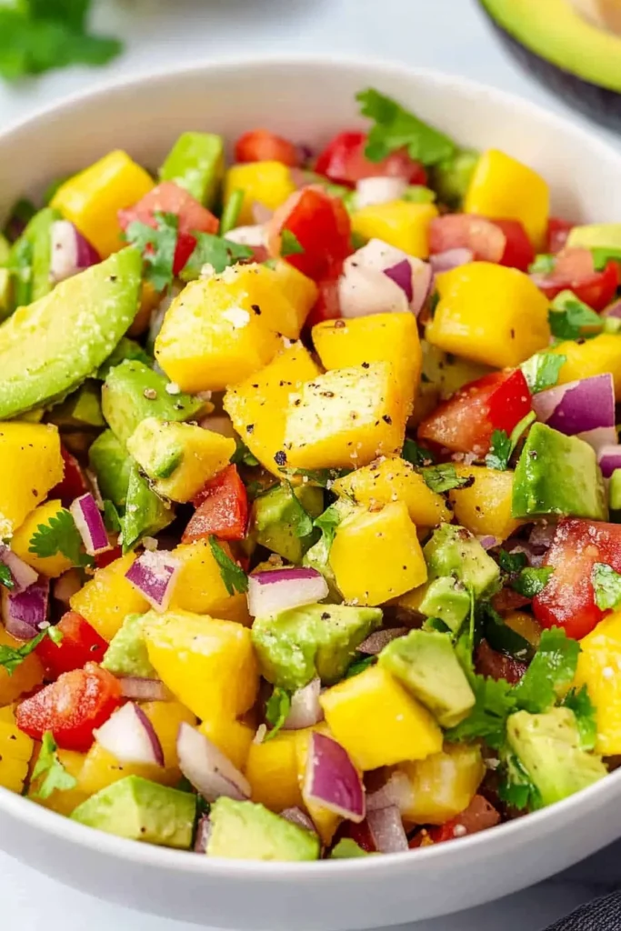 Colorful mix of diced mango, avocado, and tomato.